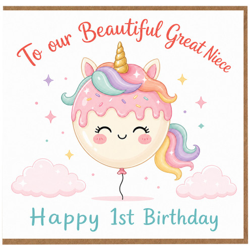 Great Niece 1st Birthday Card, Cute Unicorn Balloon Birthday Card