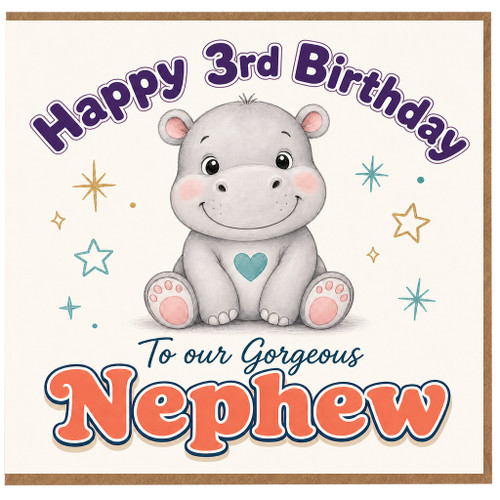 3rd Birthday Card For Nephew, Cute Baby Hippo Birthday Card