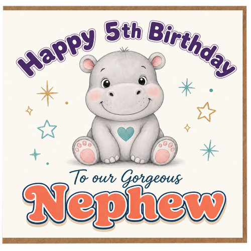 5th Birthday Card for Nephew, Happy 5th Birthday To Our Gorgeous Nephew Cute Hippo Card