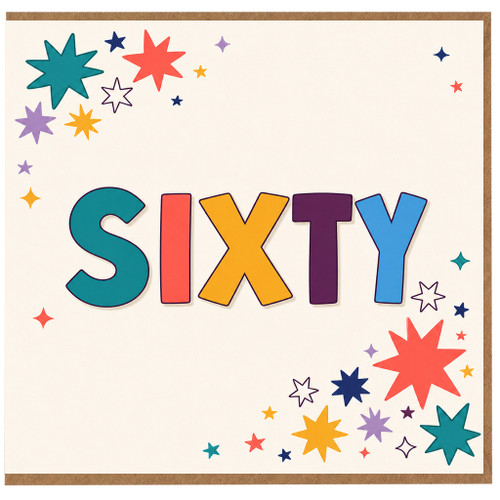 60th Birthday Card, Colourful Retro Stars Sixy Card