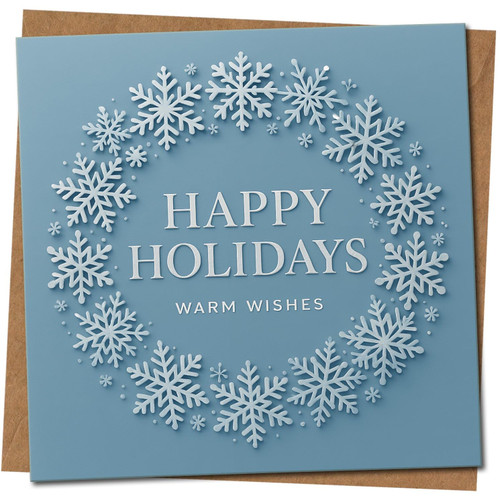 Happy Holidays Snowflake Wreath Christmas Card, Warm Wishes, Blue Square, 145mm x 145mm, Includes Kraft Envelope