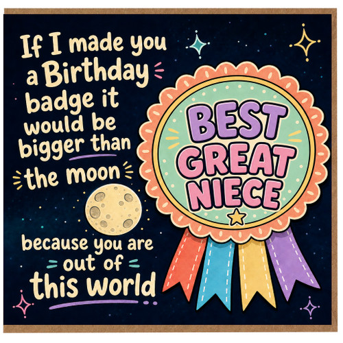 Great Niece Birthday Card, Out of This World Birthday Badge Card