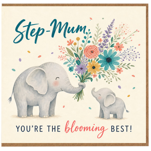 Step-Mum Birthday Card, Cute Elephant Flower Bouquet Greeting Card