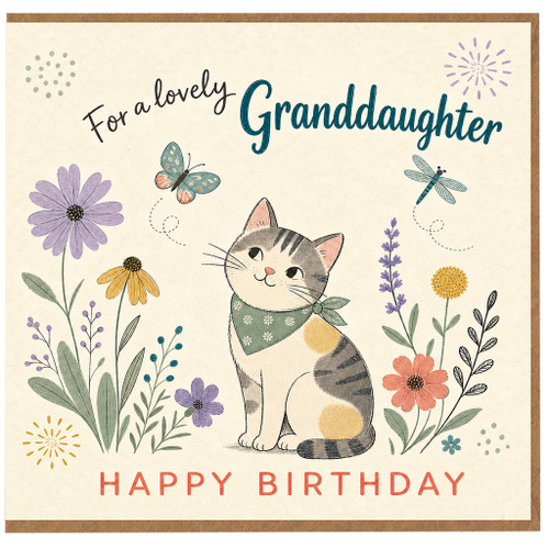Granddaughter Birthday Card, Cute Cat and Floral Design