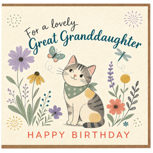Great Granddaughter Birthday Card, Cute Cat and Floral Happy Birthday Card