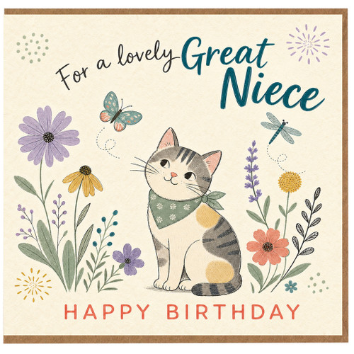 Great Niece Happy Birthday Card, Cute Cat and Floral Birthday Card