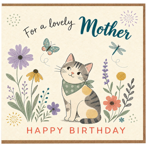 Mother Birthday Card, For a Lovely Mother Happy Birthday Card with Cute Cat and Flowers
