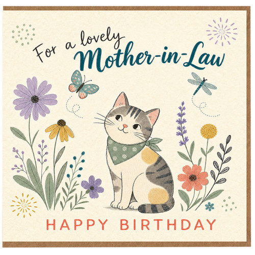 Mother - in - Law Birthday Card, Lovely Cat and Floral Happy Birthday Card