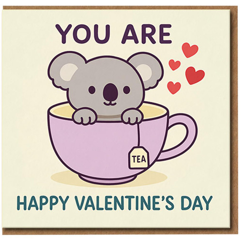 Cute Koala in Teacup Valentine's Day Card - Funny Pun 'Koala Tea' Design - Love Card for Boyfriend, Girlfriend, Husband, Wife or Partner