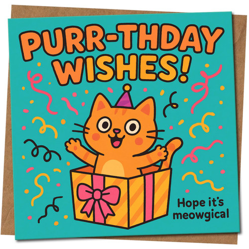 Cat Birthday Card - Purr-thday Wishes, Hope It's Meowgical - Cute Punny Cartoon Kitten in Gift Box - 145mm x 145mm Square Greeting Card, Includes Kraft Envelope