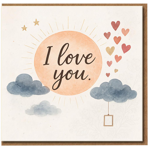 I Love You Card - Romantic Sun, Clouds and Hearts Design - Love/Anniversary Card for Wife, Husband, Boyfriend or Girlfriend - Blank Inside with Envelope