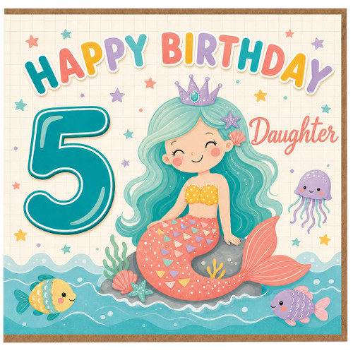 Daughter 5th Birthday Card, Happy Birthday Mermaid Princess Card