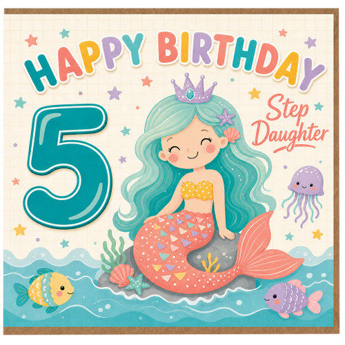 Step Daughter 5th Birthday Card Mermaid Princess Happy Birthday Card