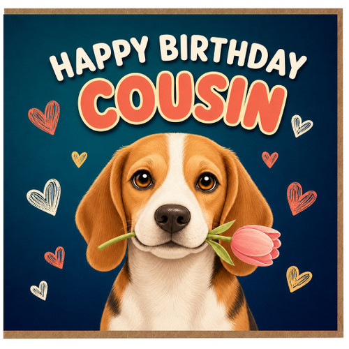 Cousin Birthday Card, Cute Beagle with Tulip and Hearts