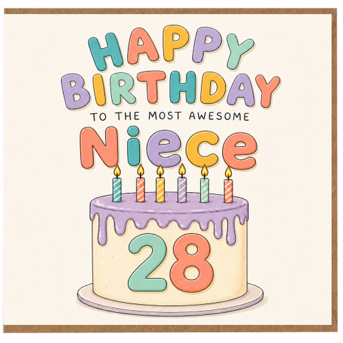 Niece 28th Birthday Card, Happy Birthday to the Most Awesome Niece Cake Design