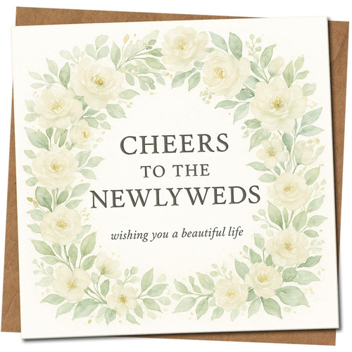 Cheers to the Newlyweds Wedding Card - Floral Wreath Design, 145mm x 145mm, Elegant Congratulations Card for the Happy Couple, Includes Kraft Envelope