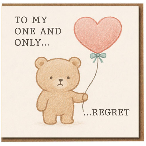 Funny Rude Love Card - Sad Teddy Bear with Heart Balloon - 'To My One and Only... Regret' - Humour Greeting Card for Valentine's, Anniversary or Break Up - Blank Inside