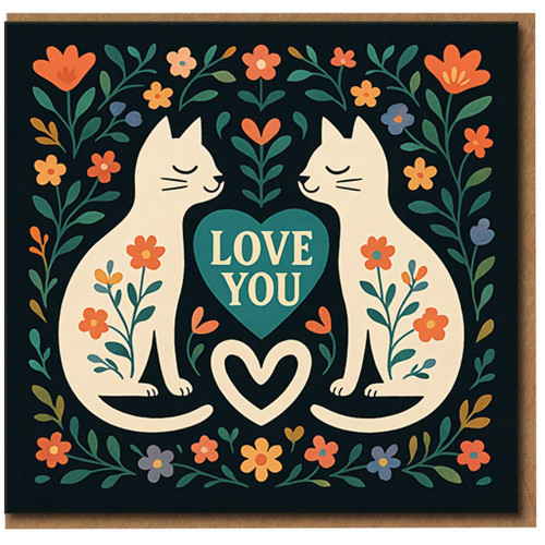 Love You Cats Card - Cute Romantic Anniversary or Valentine's Day Card with Floral Heart - Sweet Cat Lovers Greeting, Blank Inside