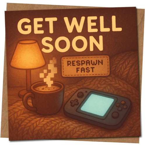 Get Well Soon Respawn Fast Gaming Card - Funny Gamer Video Game Get Well Card, Cosy Cup & Console Design, 145mm x 145mm Square, Includes Kraft Envelope