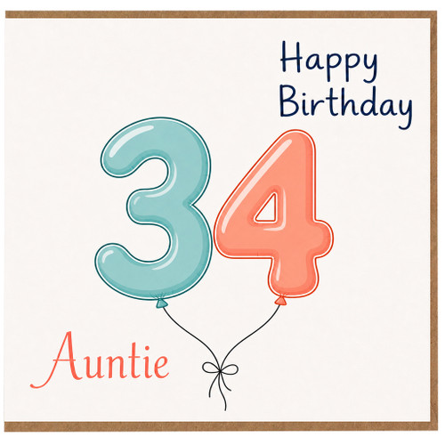 Auntie 34th Birthday Card, Happy Birthday Balloon Design
