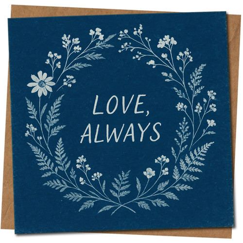 Love, Always Floral Wreath Square Greeting Card - Romantic Love/Anniversary - 145mm x 145mm - Kraft, Includes Kraft Envelope