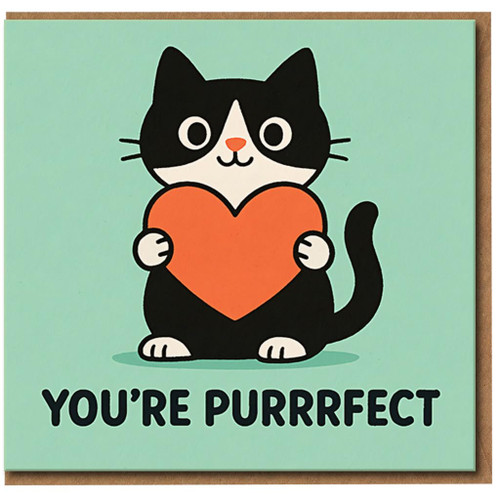 You're Purrrfect Cat Love Card - Cute Pun Kitty Holding Heart - Funny Love/Anniversary Greeting Card for Partner or Cat Lover