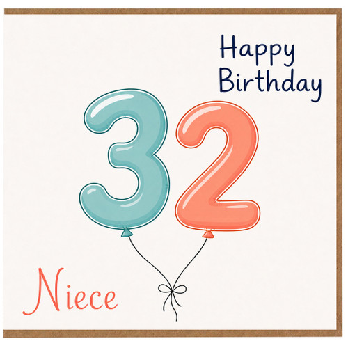 Niece 32nd Birthday Card, Happy Birthday Balloon Number Card
