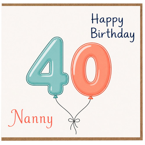 Nanny 40th Birthday Card, Happy Birthday Balloon Design