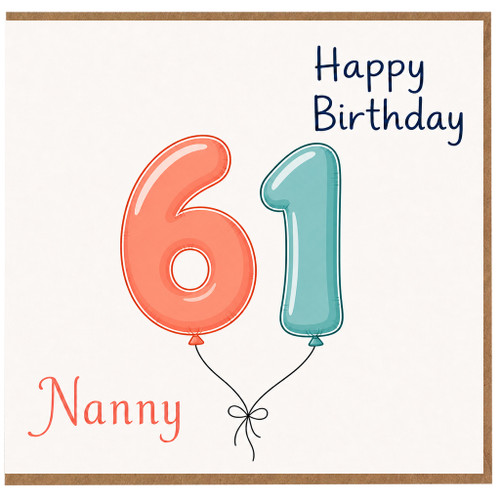 Nanny 61st Birthday Card, Happy Birthday Balloon Number Card