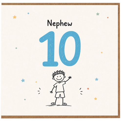 Nephew 10th Birthday Card, Cute Cartoon Boy and Stars Design