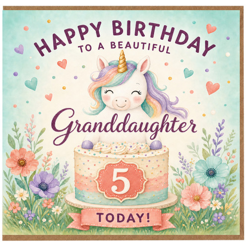 Granddaughter 5th Birthday Card, Unicorn Birthday Card