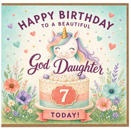 7th Birthday Card for God Daughter Unicorn Cake Floral Design