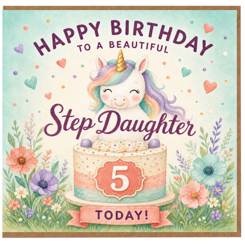 Step Daughter 5th Birthday Card, Happy Birthday to a Beautiful Step Daughter Unicorn Card