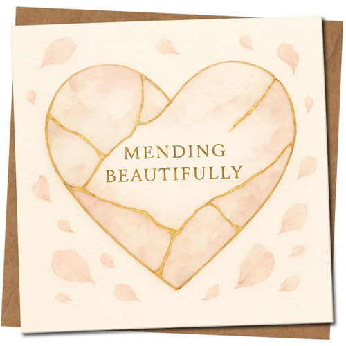 Mending Beautifully Get Well Greeting Card - Kintsugi Heart Design for Recovery & Encouragement, 145mm x 145mm Square Card, Includes Kraft Envelope