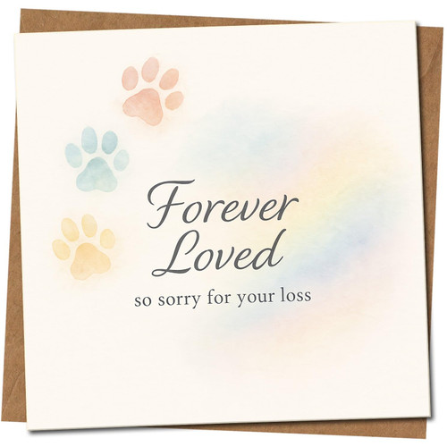Pet Loss Sympathy Card - Forever Loved Paw Prints Watercolour - Sorry for Your Loss - 145mm x 145mm Square, Includes Kraft Envelope