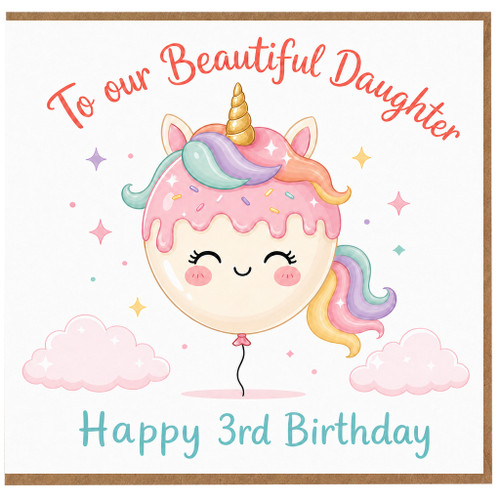 Daughter 3rd Birthday Card, Cute Unicorn Balloon Birthday Card