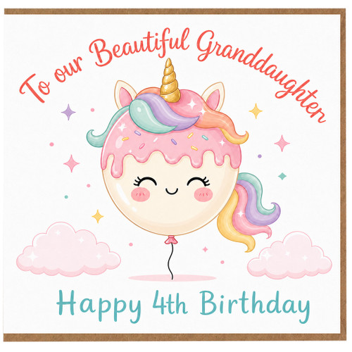 Granddaughter 4th Birthday Card, Cute Unicorn Balloon Happy Birthday Card