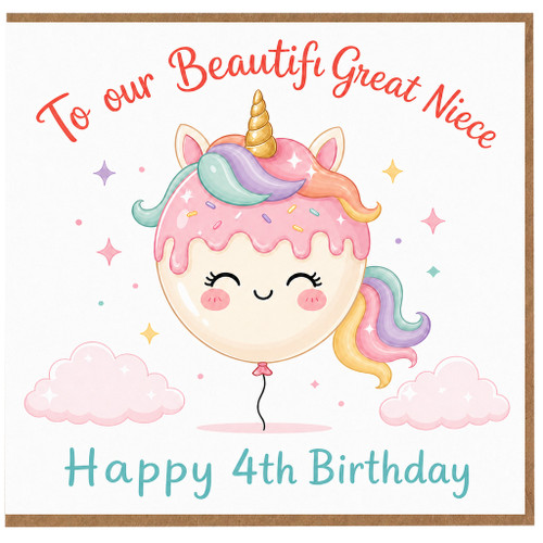4th Birthday Card for Great Niece, Cute Unicorn Balloon Happy 4th Birthday Card