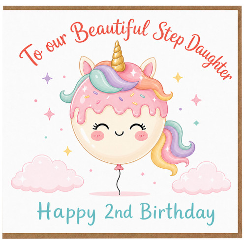 2nd Birthday Card for Beautiful Step Daughter, Unicorn Balloon Cake Birthday Card