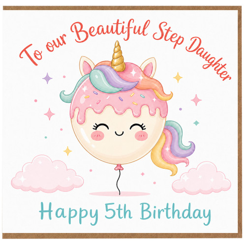 Step Daughter 5th Birthday Card, Cute Unicorn Birthday Card
