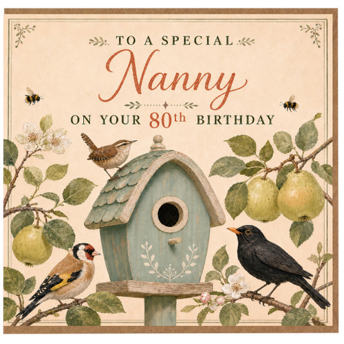 Nanny 80th Birthday Card, Vintage Birdhouse and Floral Design
