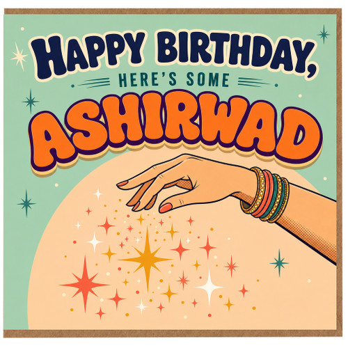 Happy Birthday Ashirwad Card, Birthday Card with Illustrated Hand and Starburst Design