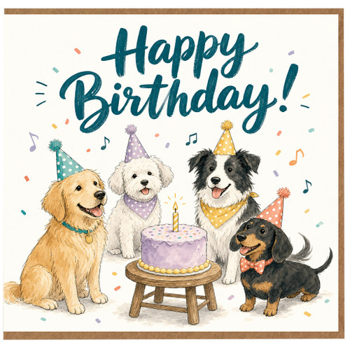Dog Lover Birthday Card, Cute Happy Birthday Card with Party Dogs and Cake