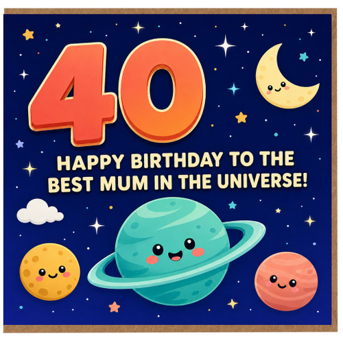 40th Birthday Card for Mum, Happy Birthday to the Best Mum in the Universe, Cute Space Theme