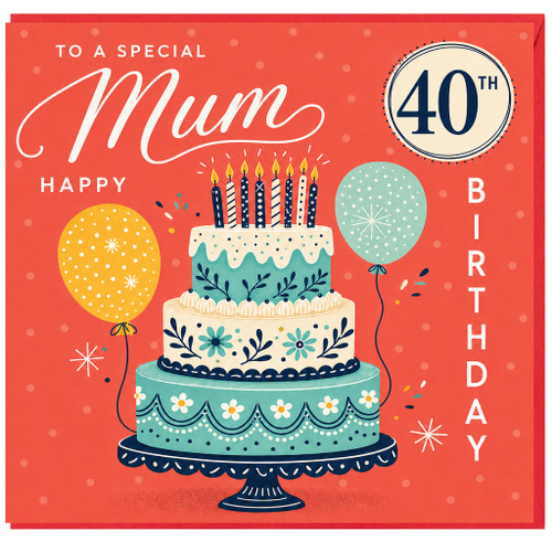 Mum 40th Birthday Card, Happy Birthday Cake and Balloons Design