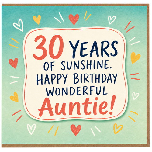 Auntie 30th Birthday Card, 30 Years of Sunshine Happy Birthday Wonderful Auntie