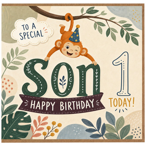 Son 1st Birthday Card, Happy Birthday Son 1 Today Monkey Design
