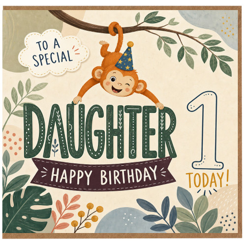 Daughter 1st Birthday Card, Cute Monkey Jungle Happy Birthday 1 Today Card