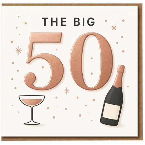 50th Birthday Card - The Big 50 with Champagne Bottle and Glass - Milestone Celebration Greeting Card for Him or Her - A5