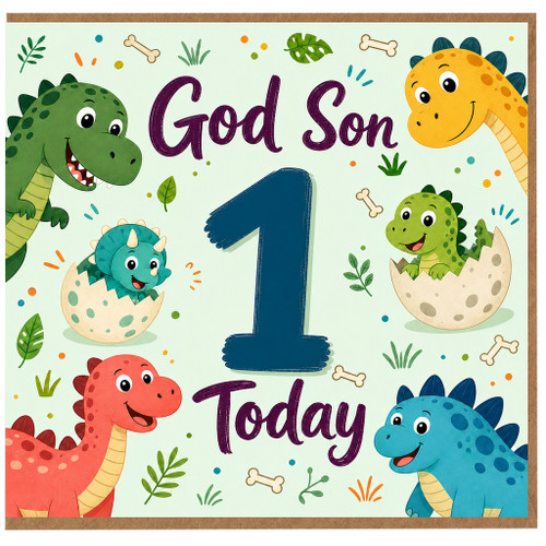 Godson 1st Birthday Card, Dinosaur First Birthday Card for God Son